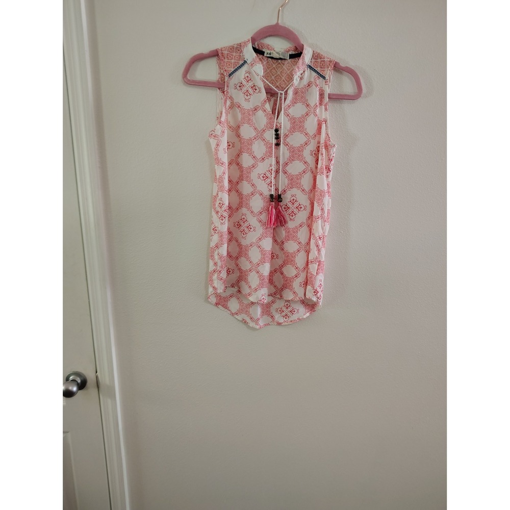 Jolt Womens XS Sleeveless Boho Tassel Tie Blouse Coral Pink Geometric Tile Print
